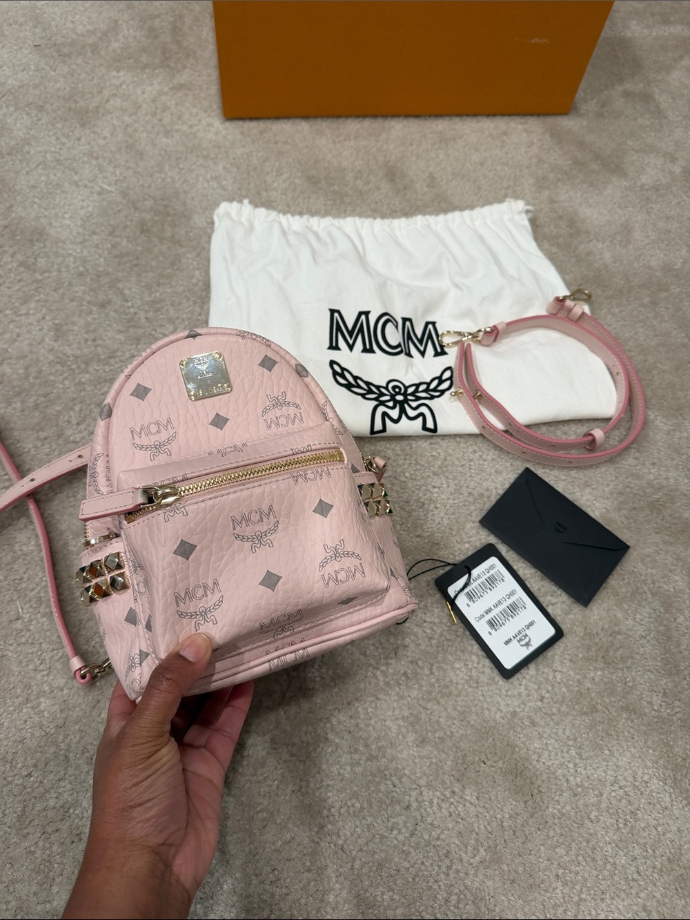 Authentic MCM Pink Mini Stark Backpack for Kids with Gold Hardware